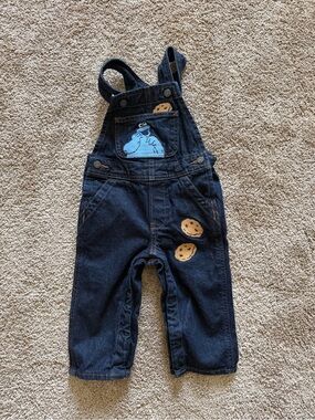 GAP Toddler Dark Blue Denim Overalls with Cookie Monster Patch Sesame Street
